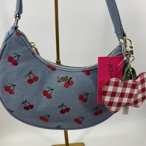 Betsey Johnson Denim Cherry Embroidered Heart Charm Gingham Shoulder Bag NWT thumbnail 3