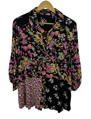 Calessa Floral Patchwork Button Down Shirt Large Multicolor Boho Maximalist Black thumbnail 1