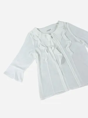 Classic Office Attire Women’s White Ruffle-Front Blouse thumbnail 3