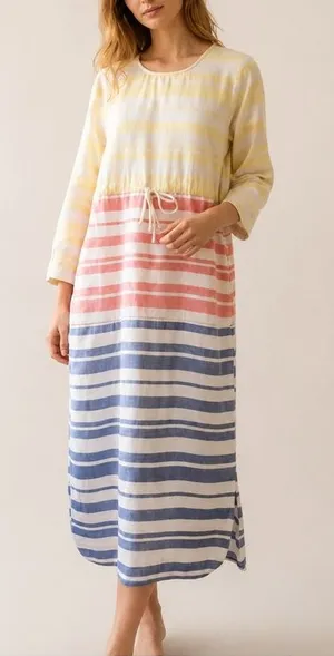 Tuckernuck Pomander Place Cleo Stripe Sunset Coastal Preppy Tie Waist Midi Dress thumbnail 1