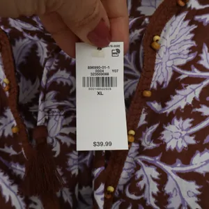Old Navy Top Womens XL Floral Tassel Split Neck Brown Purple Boho New thumbnail 4