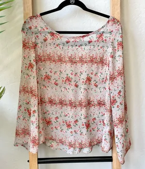 Lovely Day Floral Slightly Sheer Boho Long Sleeve Lace Up Back Top Blouse thumbnail 1