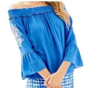 Lilly Pulitzer Moira Blue‎ Off Shoulder Embroidered Blouse Top Size Small Resort thumbnail 1