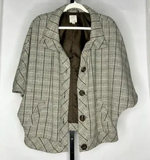 Halogen Herringbone Wool Blend Cape Coat Womens L Brown Plaid Academia Poncho thumbnail 1