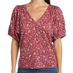 Madewell 100% Cotton V-Neck Puff Sleeve Top in Batik Vine Floral - Size S thumbnail 1
