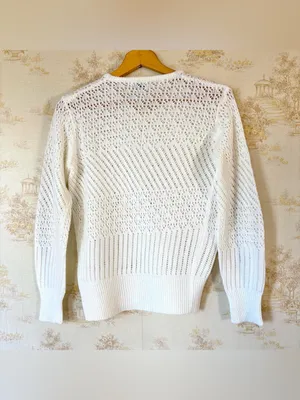 Vintage 60s 70s Hand Loomed White Pointelle Knit Tie Neck Sweater thumbnail 2