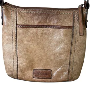 VTG FOSSIL Genuine Leather Brown Crossbody Bag Tan Satchel Zip-Top Key Charm Y2K thumbnail 3