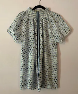 Rungolee Blue White Floral Silk High Neck Smocked Blouse Fairy Women size Large thumbnail 1