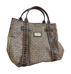 Guess Tote Bag Womens Large Brown‎ Monogram Canvas Croc Embossed Y2K Style thumbnail 1