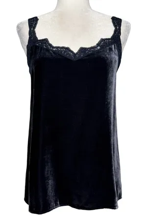 Sundance XS Black Rayon Silk Blend Velvet Lace Trim Tank Top Sleeveless Blue thumbnail 1