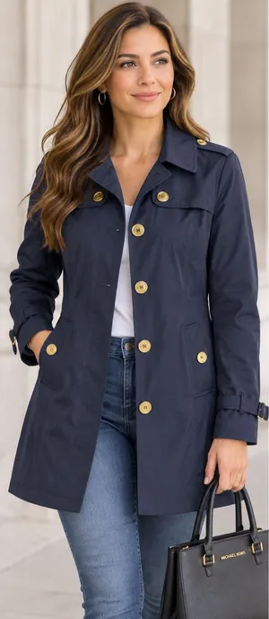 Michael Michael Kors Navy Blue Trench Coat Gold Buttons Women’s Size L thumbnail 1