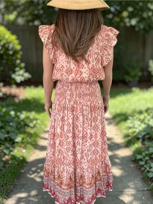 AQUA Boho Smocked Cotton Maxi Dress XL Pink Geometric Flutter Sleeve thumbnail 7