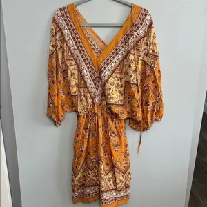 Andree by Unit Womens Dress Mustard Yellow Floral Boho V-Neck Large thumbnail 2