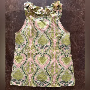 J. Crew Silk Pink and Green Medallion Patterned Sleeveless Petal Ruffle Neck Top thumbnail 5