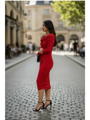 Elegant Red Ruched Cowl-Neck Midi Dress thumbnail 2