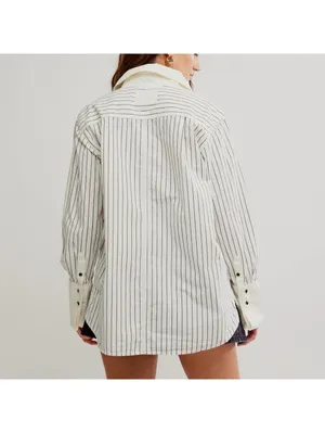Free People We the Free After Hours Stripe Oversized 1/4 Button Down Top size xs thumbnail 2