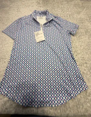 Jofit‎ Womens Golf Polo Shirt Short Sleeve XS Blue White Pink Geometric NWT thumbnail 1