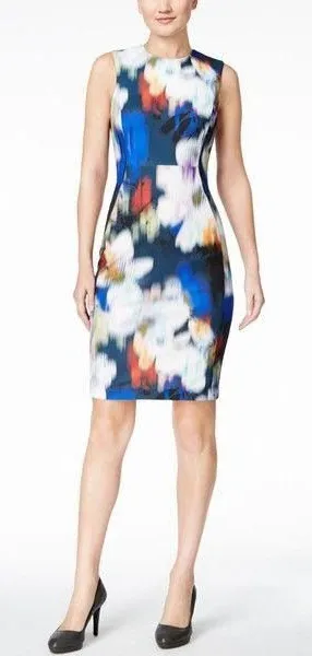 Calvin Klein NWT Blue Blurred Floral Sleeveless Sheath Dress Size 10 thumbnail 1
