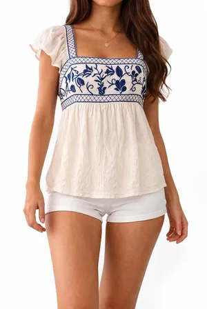 Shein Womens White Blue Embroidered‎ Swiss Dot Ruffle Sleeve Tie Back Top Small thumbnail 1
