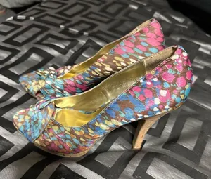 Steve Madden multi color peep toe, fabric upper, leather sole, corkscrew heel, thumbnail 4