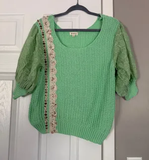 POL Mint Green Puff-Sleeve Knit Top with Lace Trim thumbnail 1