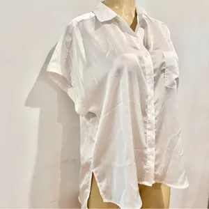 Entro White Satin Blouse Sz M Button Front Shirt Short Sleeves thumbnail 5