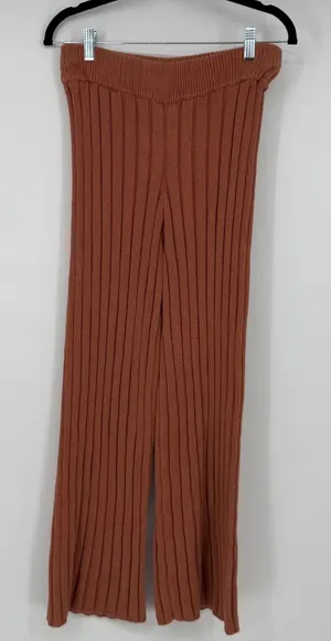 Free People FP Beach Ribbed Knit Wide Leg Pants Terracotta‎ Rust Orange Medium thumbnail 1