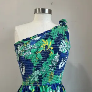 Japna One Shoulder Smocked Maxi Dress‎ Blue Green Floral Boho Vacation Sz Small thumbnail 6