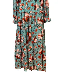 Floral Ruffle V-Neck Maxi Dress Sage Green Boho Tiered Empire Waist Small thumbnail 3
