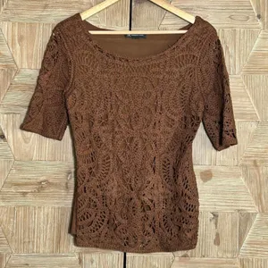 INC Brown Textured Crochet Knit Top Earthy Boho Whimsigoth Style - Size S thumbnail 1