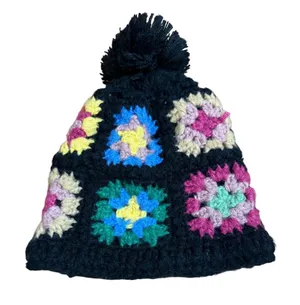Wild Fable Black Crochet Granny Square Pom Pom Beanie Hat Women‎ One Size thumbnail 1