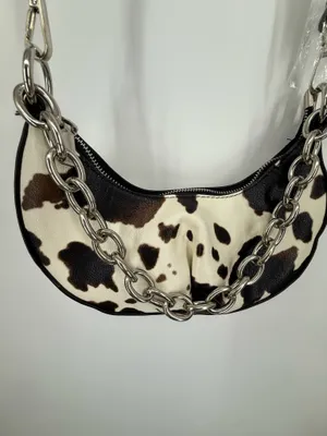 Cow Print Crossbody Purse Handbag Small Shoulder Bag Silver Chain Zip Closure thumbnail 8