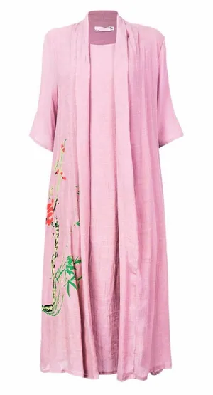 ✨ Pink Linen Kimono Duster Floral Tunic‎ Dress Boho Oversized M ✨ thumbnail 1
