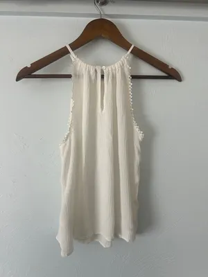 H&M Cream Textured High-Neck Camisole with Pom Trim thumbnail 3
