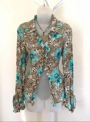 Rare Y2K Belissimo Leopard patchwork fitted shirt top blouse turquoise floral button ruffles boho hippie indie office siren core long sleeve-M thumbnail 1
