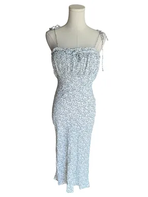 Cleobella - Floral Smocked Midi Dress White Blue Self-Tie Strap Sz M thumbnail 2