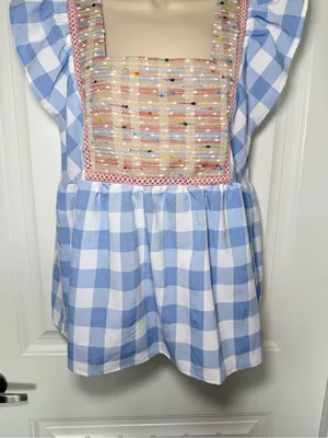 Entro Small Blue Gingham Ruffle Sleeve Beaded Square Neck Babydoll Top Coquette thumbnail 5