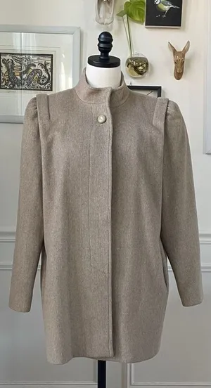 Vintage 80s Karen Peters Beige Wool Cashmere Peacoat USA L thumbnail 1