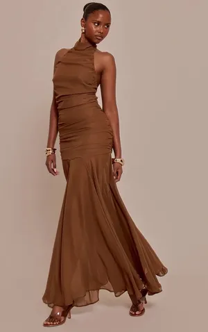Pretty Little Thing CHOCOLATE CHIFFON HIGH NECK MAXI DRESS thumbnail 2