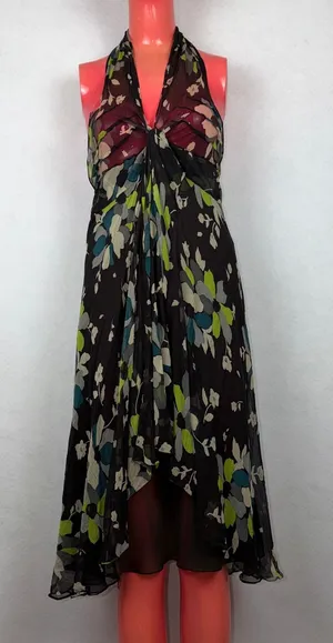 Carlisle Silk Halter Dress Womens 6 Brown Floral Handkerchief Hem Midi Wedding thumbnail 1