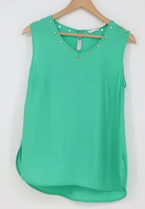Blu Pepper Top Womens S Green Gold Studded V-Neck Sleeveless Excellent thumbnail 1