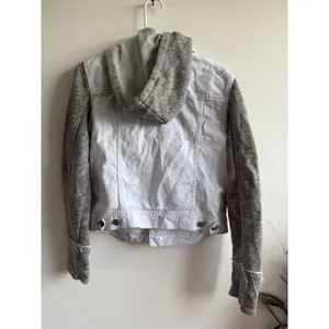 Free People Mixed Media Denim Jacket Light Wash Distressed Knit Hooded Grey M thumbnail 2