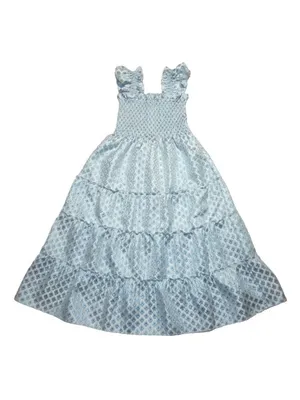 NWoT Hill House Ellie Nap Dress in Blue White Brocade Smocked Tiered Midi XS thumbnail 4