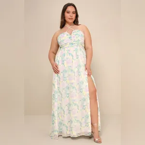LULU’S Effortlessly Abloom Green Multi Floral Ruched Halter Maxi Dress thumbnail 4