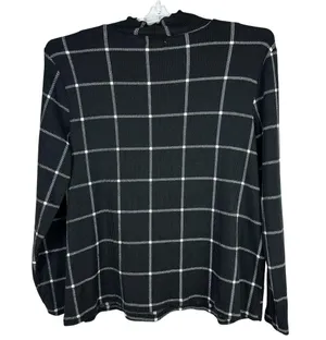 Maurices Womens Plus Size 2X Long Sleeve Black Ribbed Ruffle Neck Grid Print Top thumbnail 2