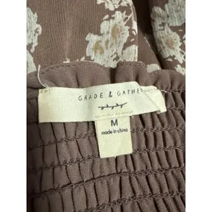 Grade & Gather Brown Floral Long Sleeve Smocked Babydoll Peplum Blouse Top Sz M thumbnail 3