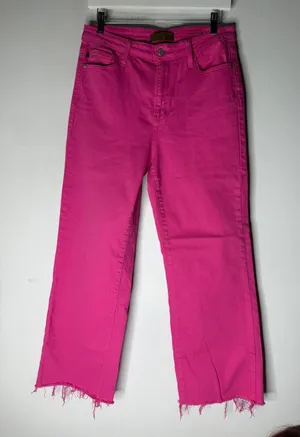 Judy Blue Hot Pink Heart Edition Wide Leg Raw Hem‎ Pants size 11/30 thumbnail 1
