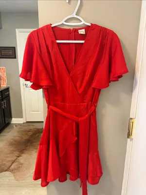 $99 NWOT Selfie Leslie Cami Angel Sleeve Faux Wrap Dress Red S thumbnail 9
