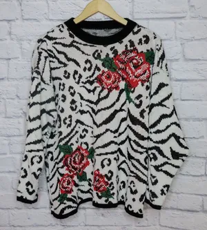 Vintage 80s Zebra Leopard Rose Print Sweater White Size M thumbnail 1