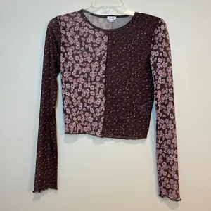 Garage Mesh Shirt Cropped Long Sleeve Pink Brown Mixed Ditsy Floral Layering Med thumbnail 2